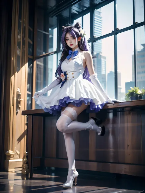 keqing cosplay costume, keqing, cosplay, alternate costume, purple hair, twintails, long hair, hair bun, cone hair bun, dress, white dress, wedding dress, sleeveless dress, frills, lace trim, gloves, white gloves, elbow gloves, bow, bowtie, flower, veil, b...