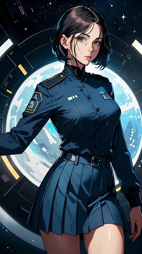 ( highest resolution,  clear_image),  top quality,   masterpiece  ,  high definition,  semi-realistic ,  shoulder-length dark-haired woman , black pupils,  mature,  mature woman, Royal sister,  sexy,  short haired , Triple Bang, Light blue uniform, Light b...