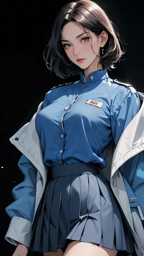 ( highest resolution,  clear_image),  top quality,   masterpiece  ,  high definition,  semi-realistic ,  shoulder-length dark-haired woman , black pupils,  mature,  mature woman, Royal sister,  sexy,  short haired , Triple Bang, Light blue uniform, Light b...