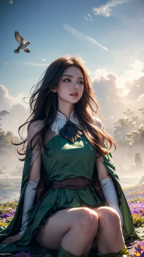 8k, masterpiece, 1 girl, beautiful face, very long hair, light makeup, (glossy skin), detailed eyes, detailed lips, shut up small bust, fantasy clothing, blowing wind, ((green clothing)), ((fantasy petticoat)), ((mesh cape)), mesh clothing, ((fog)), ((at t...