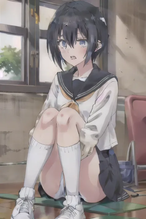 Sitting in a gymnasium on the floor with knees up and arms wrapped around the legs. White panties are visible. (  masterpiece  ),  short haired ,  blue eyes,  black hair, School uniform, black  sailor collar,   sailor collar,  neckerchief ,  hair between e...