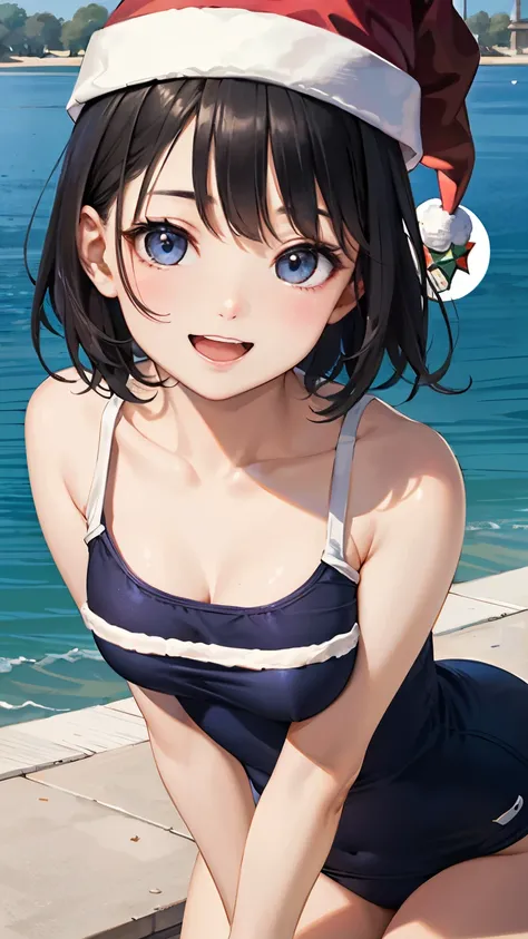 (1 person)、(((Short black hair)))、((whole body))、(((Santa outfit with front open)))、((Random Pause))、((At the lake in summer))、(((whole body)))、(Beautiful Japanese Women)、(Santa hat)、((Santa clothes))、 (Navy blue one-piece school swimsuit)、((Open mouth smi...