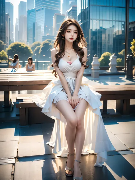  ((full body:1.3)), A young woman sits elegantly in the modern outdoors in a vibrant urban environment, (Sitting, sitting on a very low step), (Naturally extend your legs forward and bend your knees slightly), Big bust, deep V-neck, nice cleavage, Correct ...