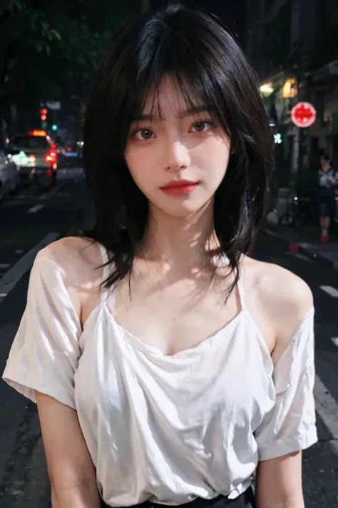  are of the best quality，  ultra high resolution， （Realistically ：1.4），2 girls ，Key Points:1.2,  beautiful woman with a perfect body :1.4 , Watching the Audience ， ( Night Street :1.3),  Highly detailed facial and skin textures,  Delicate Eyes, Double eyel...