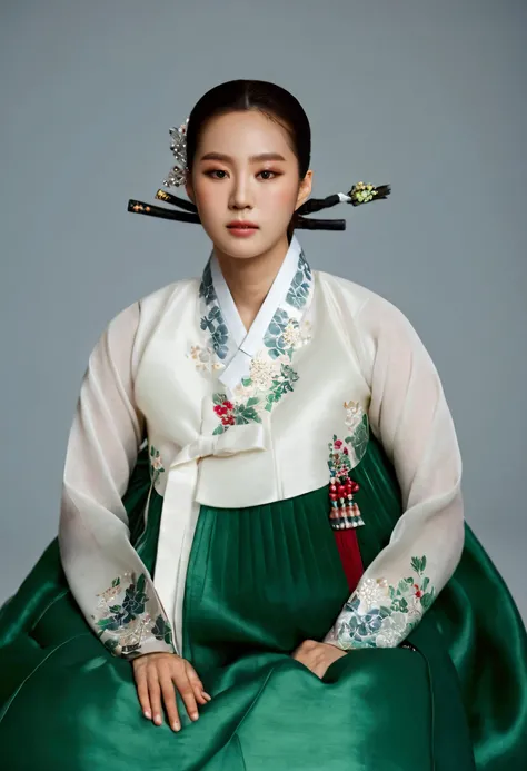  very clear image quality ,  best quality , 8k,  A Korean man is wearing a womens hanbok ,  Hes a female man ,  His chest has big breasts like a woman,  His face is very masculine ,  His hair is short like a man ,  A luxurious womans hanbok made of silk , ...