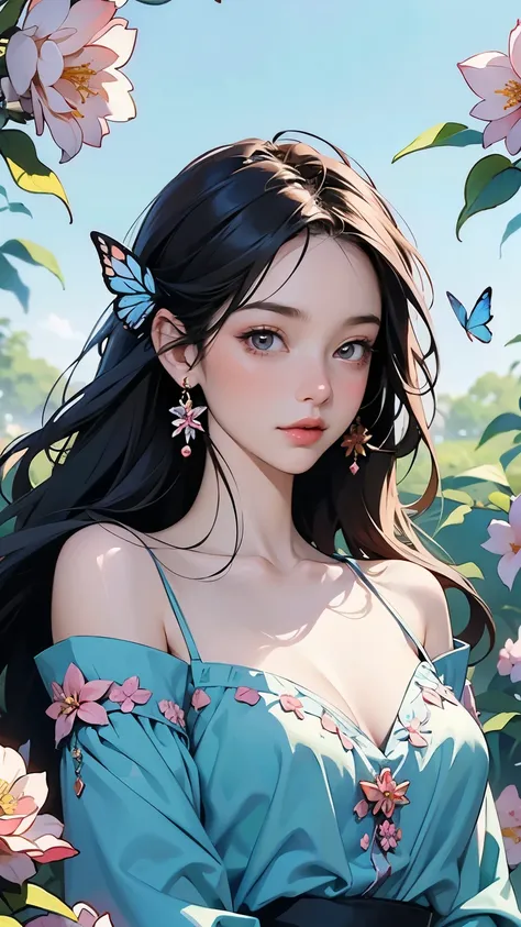  Beautiful Girl in a Fairy Costume, Surrounded by flowers and butterflies. content: Watercolor.  style for stilets:  Quirky and Delicate , Like an illustration in a ren&#39;s book.