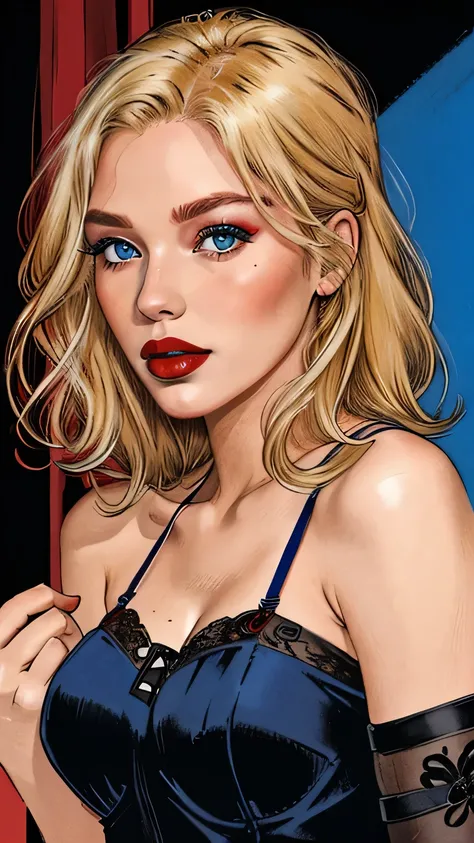 (Female)、Red Makeup、Red lipstick、 blond hair stroked on the back、 detailed face 、 detailed lips from home、 detailed eyes on board、( beautiful eyes)、( beautiful face)、((Blue garter set､)))、 black background