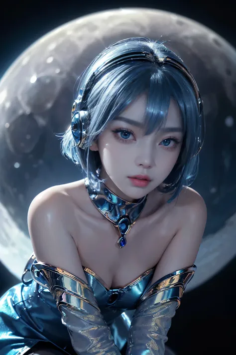 (Absurdly, High Quality  ,  very detailed,32K、 high image quality、Ultra HD、 golden ratio face 、 realistic 、 complicated、 high detail)、(((Blue Hair、 short haired )))、((( alien woman from the future、 futuristic headphones 、metallic blue outfit 、 metallic blu...