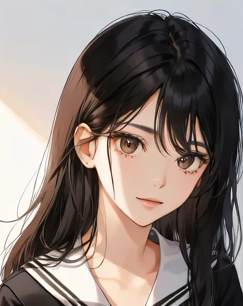 Shy girlfriend, A 18 year old girl, long jet black hair, brown eyes, school shirt, close up look.