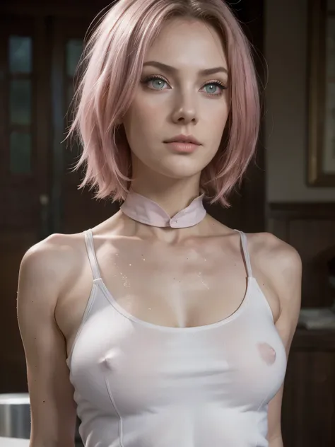 young woman, short shoulder-length pink hair, wide forehead, porcelain skin, pink eyebrows, big emerald green eyes, buttoned nose, full lips, heart-shaped face, slender body, small breasts, red tank top, Sakura Haruno , realistic, realism, details, 3d, wel...