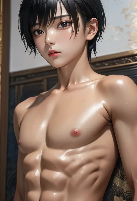 high quality, detailed, photo Realistic, (1 female to male),transgender,(22 years old tanned cute japanese), (detailed black eyes), (black short hair),(abs),(tanned shiny skin:1.3), small breasts, black tiny thong,(detailed nipples), palace bedroom, (best ...