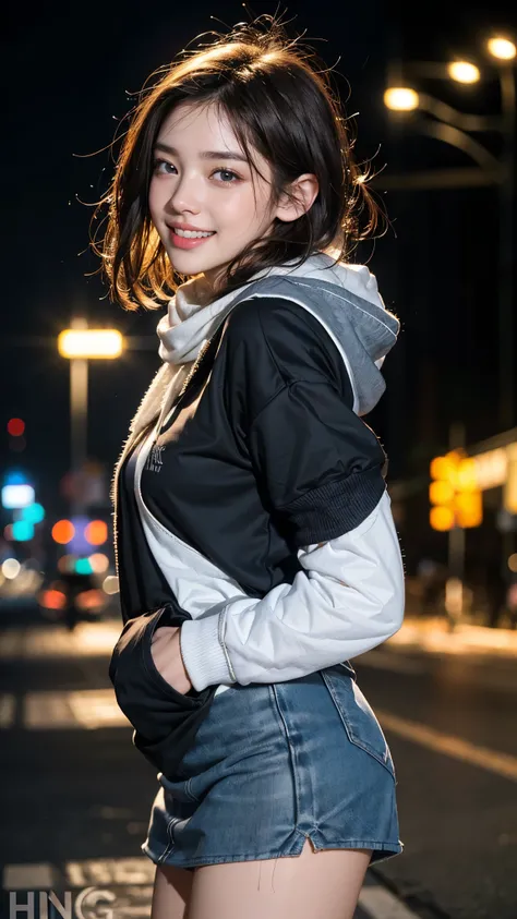 ( Award-winning ,  face focus:1.4,High definition 8K,  Ultra Quality:1.3), ( Photorealistic:1.4),   smile showing teeth , rough street fashion , dark hair short hair:1.3,((Pure white hoodie with one-point logo on earmuffs and scarf, Tight Miniskirt ,)), ma...