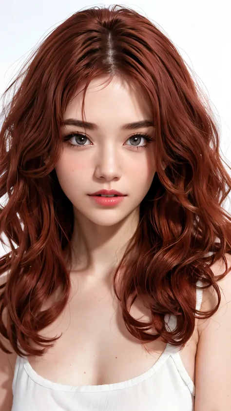 1girll,face,Curly hair,Red hair,White background,