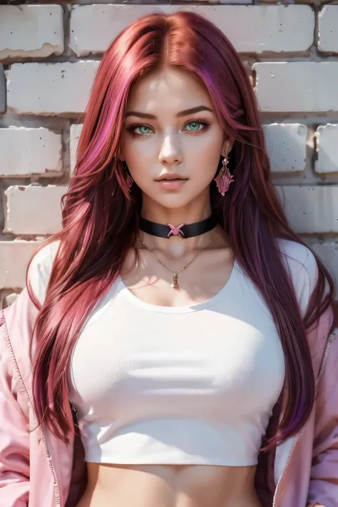 (masterpiece, best quality, 1girl, solo, intricate details, chromatic aberration), realistic, ((medium breath)),long hair, pink hair, red head ornament, pink highlights, hair over one eye,purple eyes, earrings, sharp eyes, choker, neon shirt, open jacket, ...