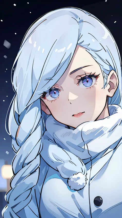 Woman,alone,Mei Mei,white hair,Fashion Winter Clothing,winter,snow,city,night,street, neon lights,Very details, top quality, high precision, beautiful lighting, realistic shade, high precision, detailed skin, very detailed, faces and detailed eyes, realist...