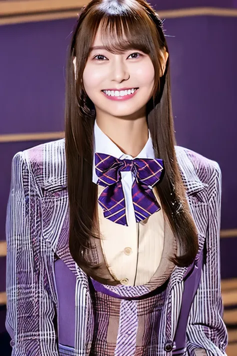  brown hair on one woman、 straight hair、With bangs、smile、Beautiful breasts、Slim body purple bow tie 、 wearing a whiteshirt under a purple blazer jacket、 plaid pleated mini skirt 、 is standing in a school classroom