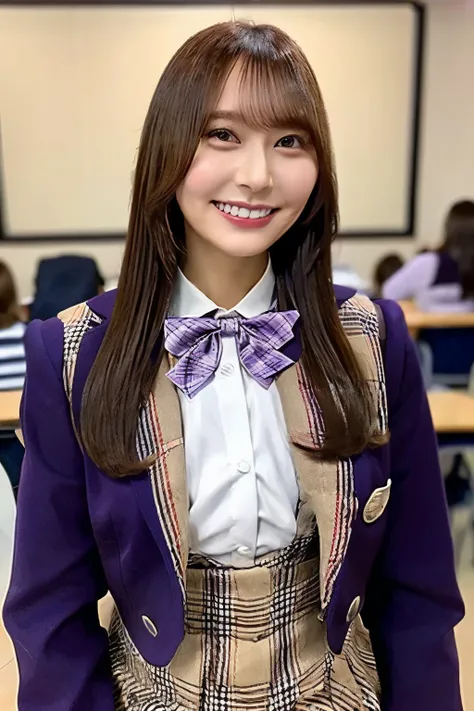 brown hair on one woman、 straight hair、With bangs、smile、Beautiful breasts、Slim body purple bow tie 、 wearing a whiteshirt under a purple blazer jacket、 plaid pleated miniskirt wearing a whiteShirt underneath、 is standing in a school classroom