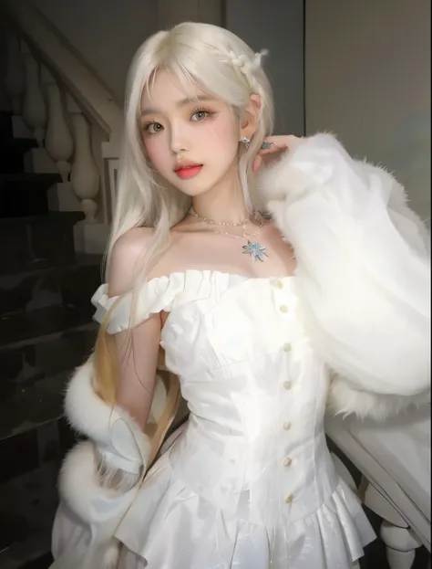 a close-up of a woman in a white dress and a fur coat, Lalisa Manobal, Lalisa Manoban of Blackpink, long and white hair with bangs, roseanne park of blackpink, with long and white hair, with long white hair, beautiful dolphin, ulzzang, Portrait of Kim Petr...