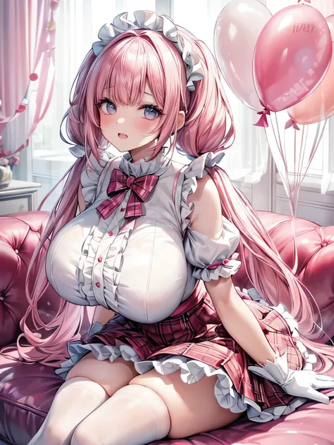 Beautiful sparkling eyes,とてもかわいいface, Beautiful Japanese Girl,( solo girl),(gigantic breasts),( Laugh with your mouth wide open ,とても幸福な笑face),(Pink Hair,Cross Bangs ),(pink low twintails hair:1.4),( big light blue eyes ),View Viewer,break,( Idol Costume ,W...