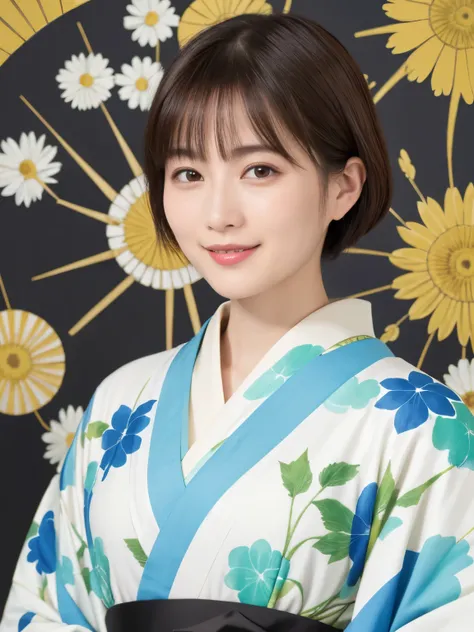 332 (20-year-old female, short haired ), ( high image quality), (smile), (kimono), ( colorful ), (Uemura Shoen Japanese Paintings), (flower), ( Japanese Garden)