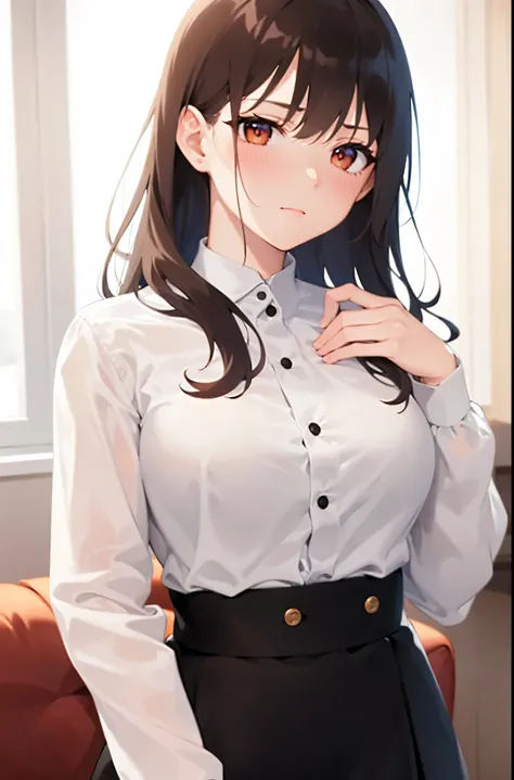 hands on own chest, 握りこぶし、looking up, masterpiece, best quality, detailed, Masterpiece, Great detailed pictures, RAW photo, photorealistic, Realistic, real person, upper body, (pale skin: 1.2), shiny skin, shiny hair, (25-year-old woman with medium hair wi...