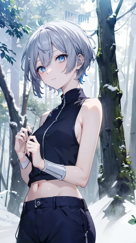  top quality、 Silver Hair、(Whitening skin)、 sky blue eyes、 very short hair,Short Hair, straight hair、Petite、、 slender、Sweaty、 tube top ,Best,fur, slender、forest、 hot pants,Snow Scene,snow pattern , boyish,