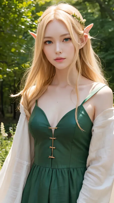  Max Image、Realistically、Radiant Skin、 1 European woman、Blonde、 green eyes、High Elf、 slender 、((The tips of the ears are long and pointed))、Does not depict a headdress、forest、 medieval European landscape、simple green linen or cotton clothes、Leather Part Ar...