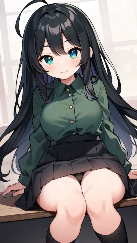 Junior high school student who looks like an elementary school student, , very short, 140 cm tall, black hair with a slight green tinge, short ahoge, beautiful long hair but with a little hair sticking out, beautiful round eyes, blue eyes, smile, boyish, l...