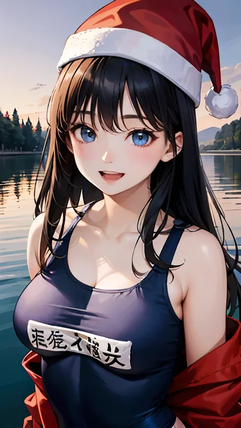 (1 person)、(((Black Hair)))、((whole body))、(((Santa outfit with front open)))、((Random Pause))、((At the lake at dusk))、(((whole body)))、(Beautiful Japanese Women)、(Santa hat)、((Santa clothes))、 (Red and black one-piece school swimsuit)、((Open mouth smiling...