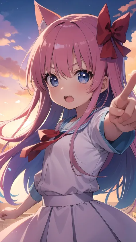 Nodokahara Village, handed over by Haramura-san, blue eyes, hair bow, long hair, Pink Hair, Angry and pointing finger