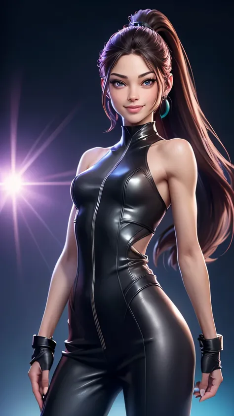 Best quality, profondeur de champ, cinematic light, Lens Flare, Ray Tracing. 1Kristin Kreuk (extremely beautiful face, lovely lips, beaux yeux verts, ponytail). As a domineering mistress dressed entirely in shiny leather in a nightclub, sucking a lollipop ...