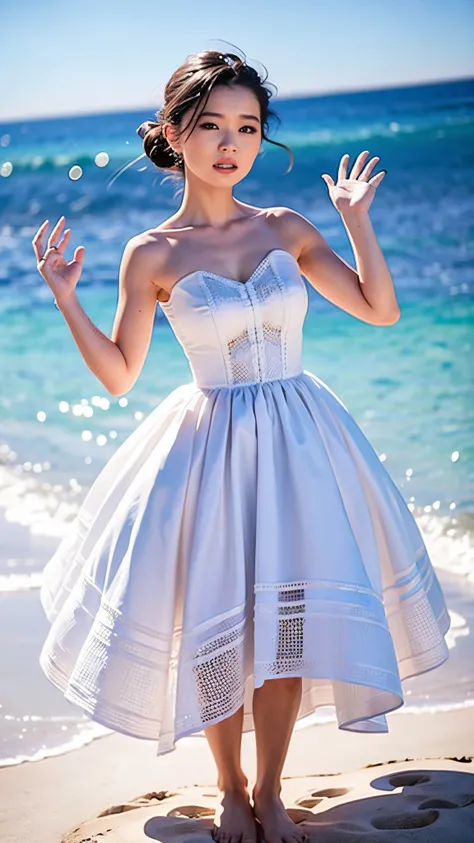  masterpiece  ,  top quality ,   Details ,  dress ,  standing ,  raise your hands  , side ,   from the front   ,  beach 