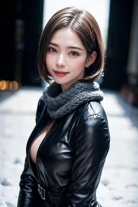 (masterpiece,    top quality ),   one girl who is relieved , Alone, Black-haired,  scarf,   have  ,  realistic ,  realistic ,   audience, Light-coloured black eyes,    short brunette bob ,    brown coat, Winter clothes, White head scarf, No lips  ,  outdoo...