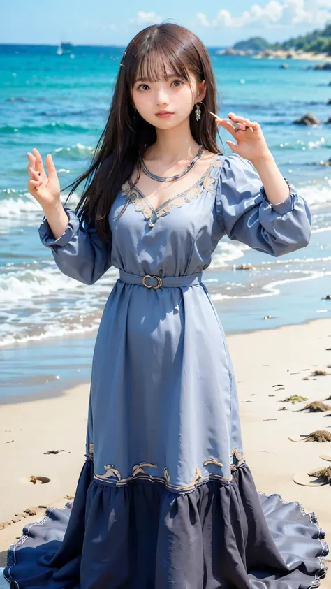  masterpiece  ,  top quality ,   Details ,  dress ,  standing ,  raise your hands  , side ,   from the front   ,  beach 