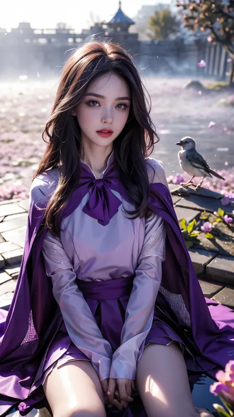 8k, masterpiece, 1 girl, beautiful face, very long hair, light makeup, (glossy skin), detailed eyes, detailed lips, shut up small bust, fantasy clothing, blowing wind, ((purple clothing)), ((fantasy petticoat)), ((mesh cape)), mesh clothing, ((fog)), ((at ...