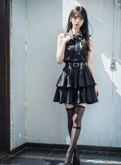 jirai kei costume,jirai kei,shirt,skirt,frilled shirt,frills,lace,Lace trim,shoulder cutout,bow,bowtie,belt,buckle,ribbon,jewelry, jirai kei attire, jirai kei, black thighhighs, high heels, 
(RAW photo, best quality), (realistic, photo-Realistic:1.3), best...