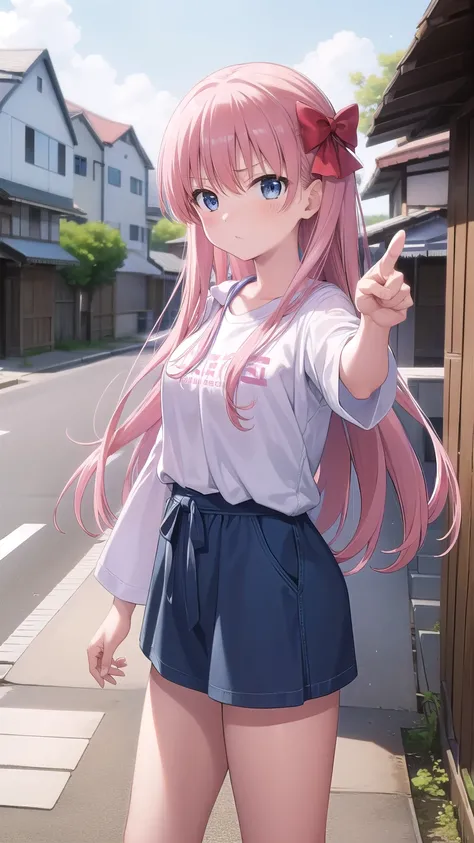 Nodokahara Village, handed over by Haramura-san, blue eyes, hair bow, long hair, Pink Hair, Angry and pointing finger, Casual clothes