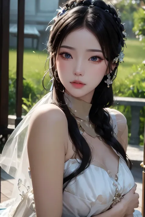 (highest image quality), (masterpiece), (vibrant, photography realistic, Realistic, Dramatic, Dark, Sharp focus, 8K), Close up Face, Highly detailed face and skin texture, sexy wedding dress, ethereal beauty, mature asian woman,black long hair, make up, se...