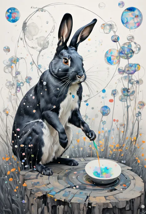 Cute detailed rabbit 、Colorful soap bubbles、Drooping paint、The mental world of a mentally ill person 、 full color, Pencil drawing,  Japanese painting,  A Fusion of Woodblock Prints and Oil Paintings ,  Fusion of Watercolor and Oil Paintings , Romantic Art ...