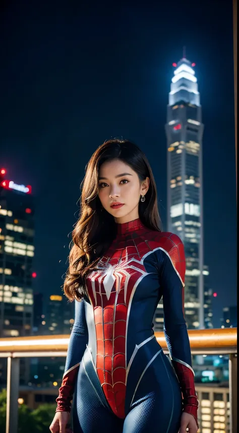 (Wear Female Spider-Man_cosplay_outfit:1.1), full body suit, Sky front, nice hand,4K, A high resolution, tmasterpiece, best qualtiy, head:1.3,((Hasselblad photograp)), finelydetailedskin, tack sharp focus, ( movie lights),the night，softlighting，dynamic ang...