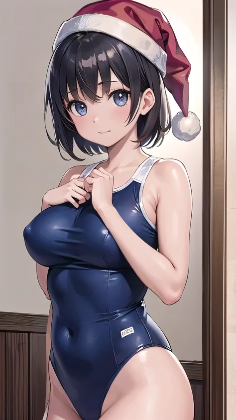 50s, fat, voluptuous (((Beautiful Japanese MILF in her 50s.)))、 (1 person)、(((Black short hair)))、((whole body))、(((Santa outfit with front open)))、((Place your palms together in front of your body))、((In the girls room))、(((whole body)))、(Beautiful Japane...