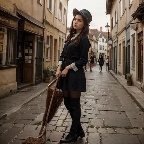 A women riding a broomstick over a old town