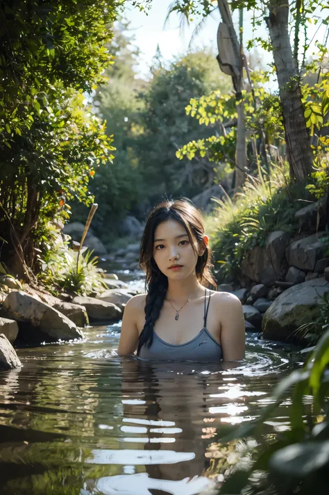 Maozonian Native Girl, 1, bathing in the river, In the middle of the forest, Jaguar watches from a distance, beard, Clock Clock, Gamecore, Street-level view, Blender display, 100mm, sculpture, rainbow colors, Medical Core, Flash light, ultra realistic, rea...