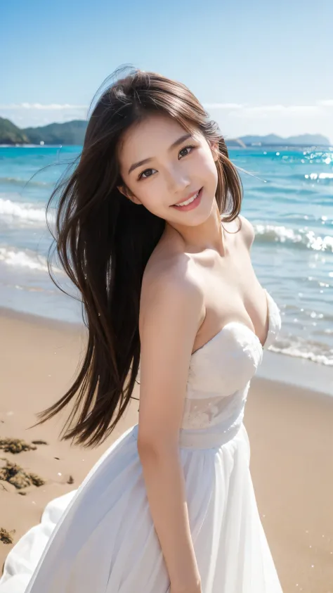 A woman，On the Beach， looking at the camera，Smile，sexy，Sweet Smile ，Background is the sea，Best quality， HD quality ， asian girl， white wedding dress，Wedding Photos， medium breasts， lean forward 