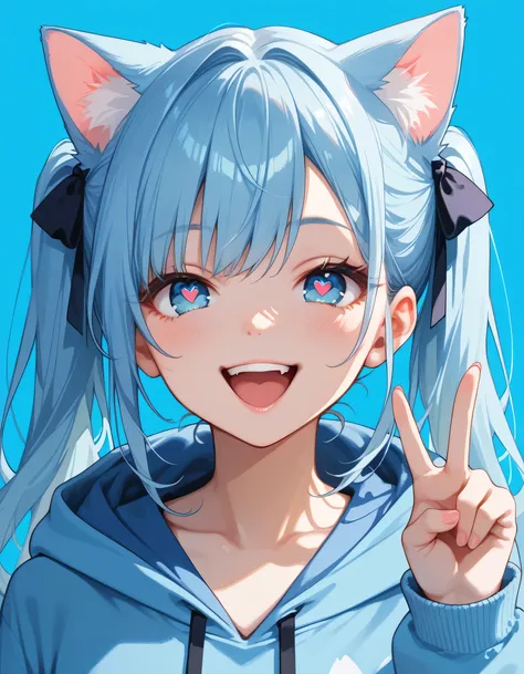 score_9, score_8_up, score_7_up, 1girl, cat girl, cat ears, animal ears, long hair, twintails, light blue hair, blue eyes, hoodie, v sign, heart-shaped pupils, open mouth, happy, smile, close up, simple background, blue background