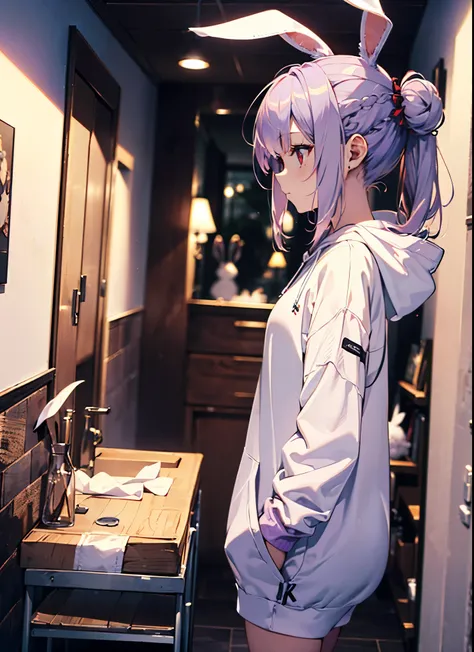  realistic, top quality,  Ultra Details ,  LONG PONYTAILS ,  THE MOST DELICATE AND BEAUTIFUL , Floating softly,  high definition , ( 1 girl ), ( Max Image,4K,8k,masterpiece:1.2), ( light purple hair:1.5),(Rabbit ears:1.5),( bun hair:1.3),( red eyes:1.5),(W...