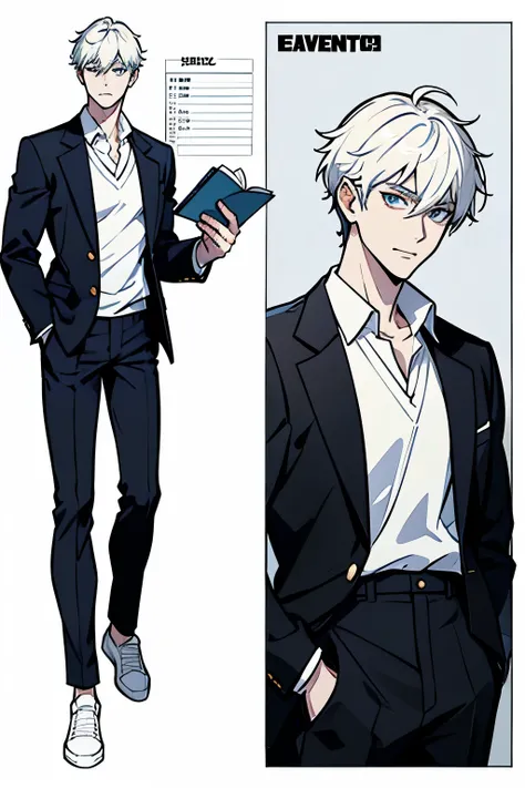 Go Eunhyuk from the Webtoon called Operation True Love, concept art, character concept, handsome main character, white shirt with short sleeves, white polo, black pants, white shoes, blazer on shoulders, ((school uniform)) full body, character sheet