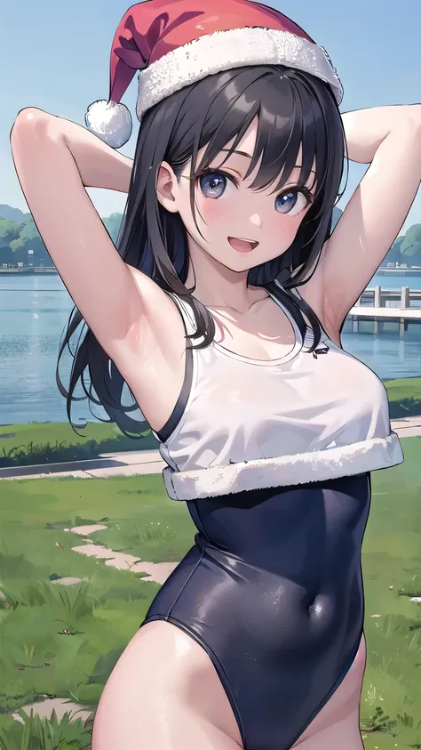 50s, fat, voluptuous (((Beautiful Japanese MILF in her 50s.)))、(1 person)、(((Black Hair)))、((whole body))、(((Santa outfit with front open)))、((Show me your armpits))、((At the summer lake in the grassland))、(((whole body)))、(Beautiful Japanese Women)、(Santa...