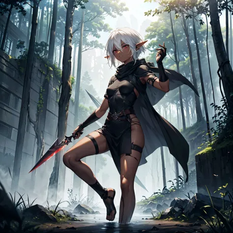 masterpiece, best quality, highly detailed, digital art, character design, full body shot, (single female elf assassin:1.4), ((dark skin tone:1.3)), (dark red eyes:1.2), ((short dark ash hair:1.3)), hair ornament, long eyelashes, (small pointy ears:1.2), l...