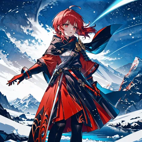 ((A female warrior wearing a long, female werwolf, ragged red hooded cloak)), ((holding a large, ornate, red demonic-looking sword. She stands in a dark, snowy, mountainous landscape, with crags and icy winds swirling around her. her eyes glow with a super...